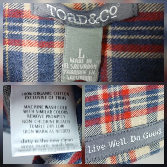 Toad&Co SZ L Men's100% Organic Cotton Flannagan Plaid Flannel Shirt $90 - Picture 5 of 5